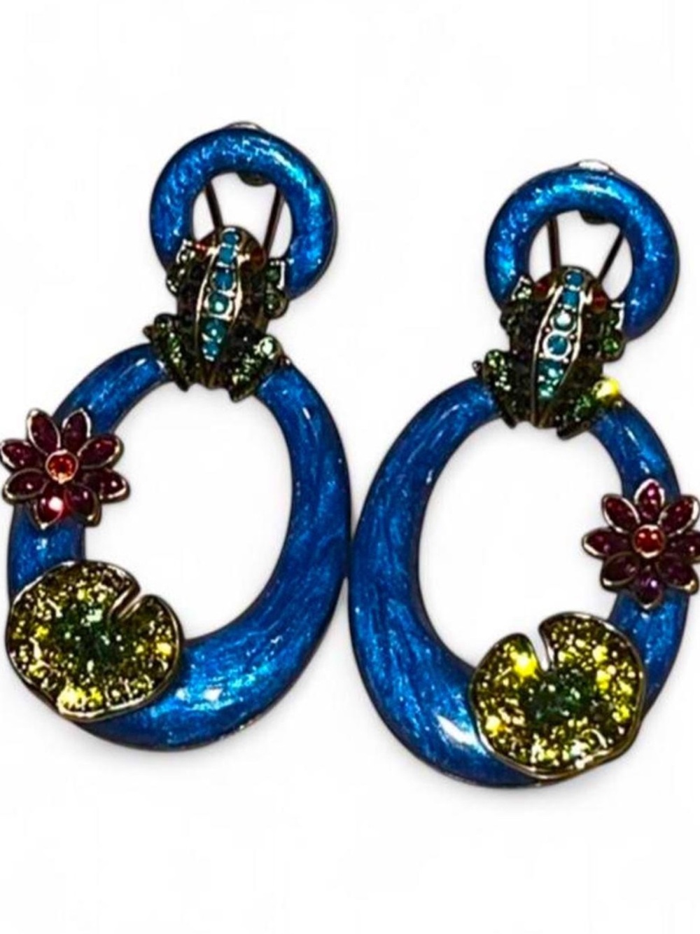 Heidi Daus Enamel Hoop Drop Crystal SilverTone Leverback Frog Earrings